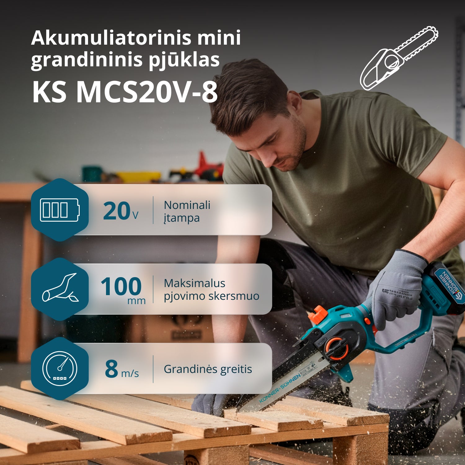 Belaidis mini grandininis pjūklas KS MCS20V-8