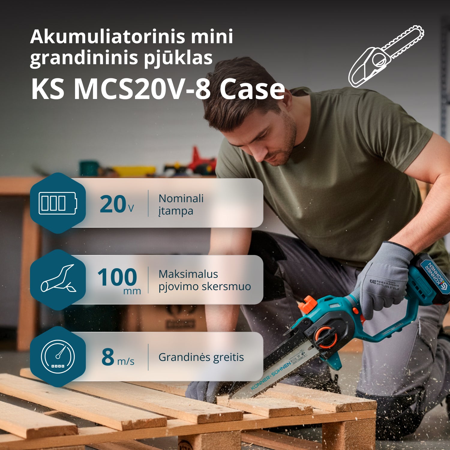 Belaidis mini grandininis pjūklas KS MCS20V-8 dėklas