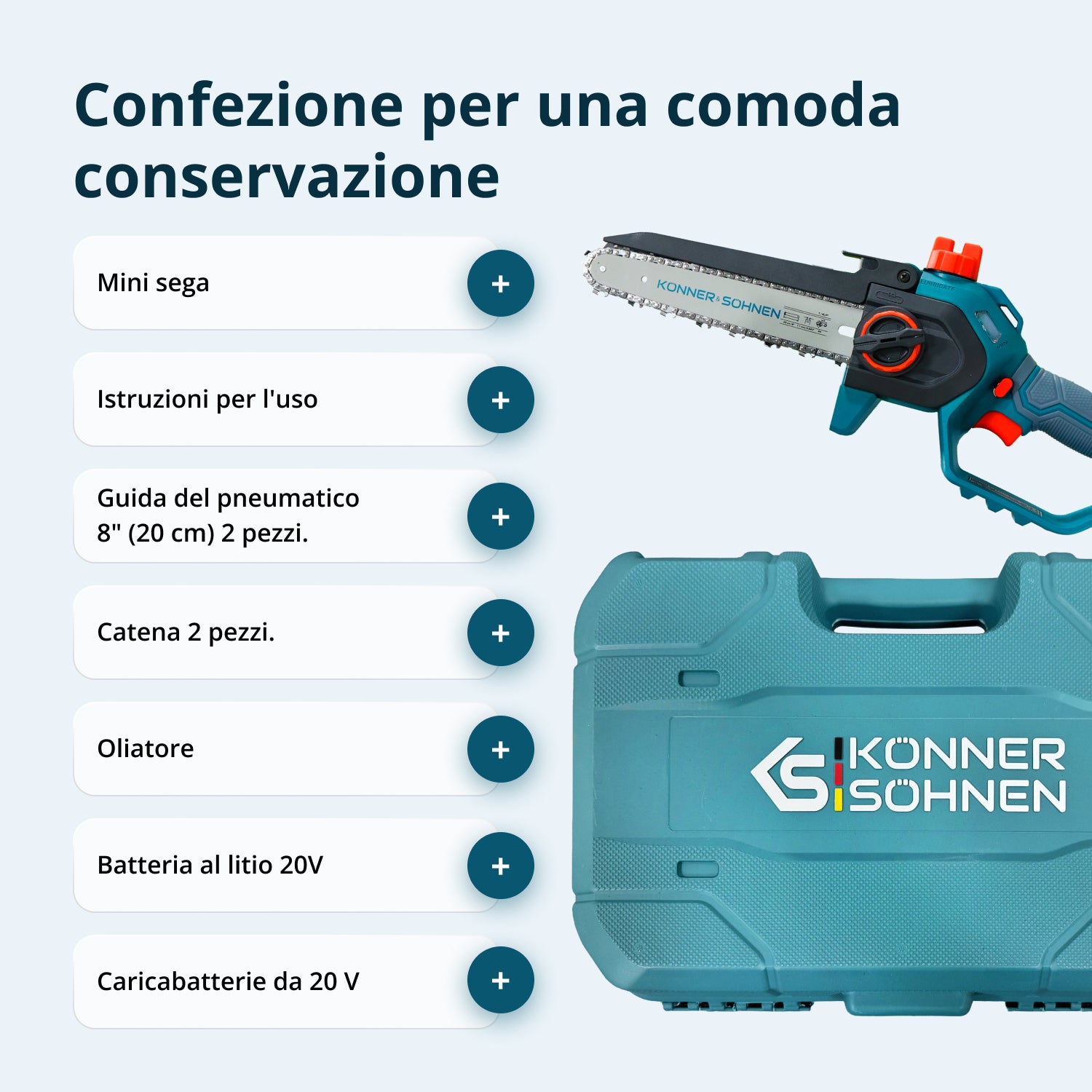 Belaidis mini grandininis pjūklas KS MCS20V-8 dėklas